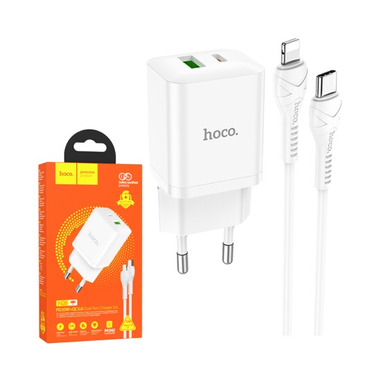 Hoco Charger N28 Founder PD20W+QC3.0 Type-C+ USB with Type-C to Lightning Cable 1m White